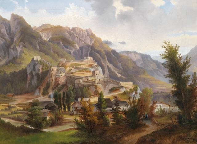 山中城墙风景油画