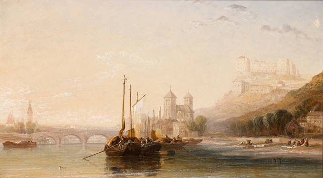 河中帆船风景油画