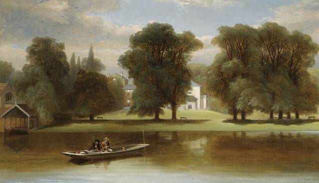 河上钓鱼的男人风景油画