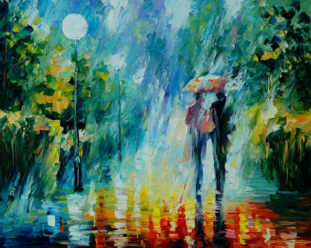 雨中情侣油画