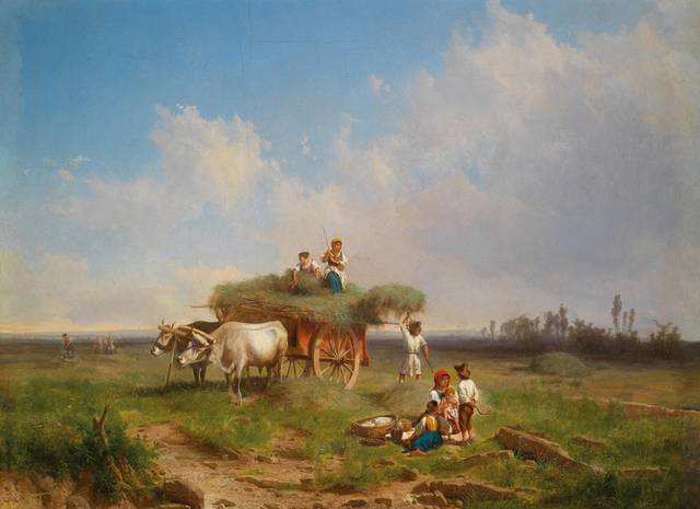 牛车上的人风景油画