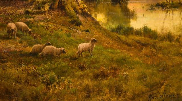树下的羊群风景油画