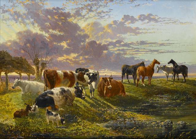 草地上的牛羊马风景油画