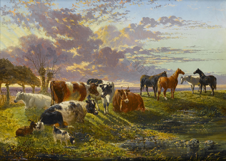 草地上的牛羊马风景油画_图品汇