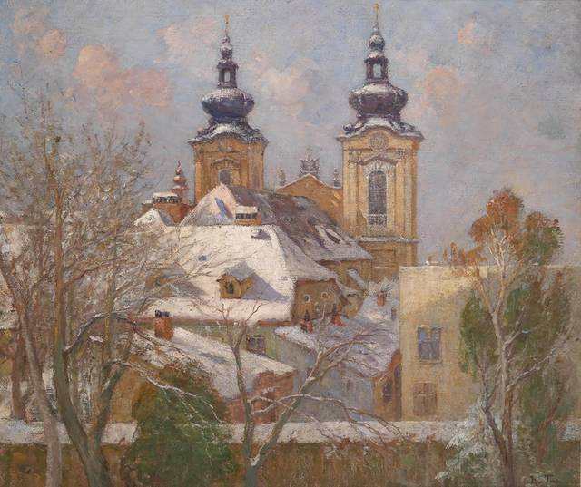 雪中房屋风景油画