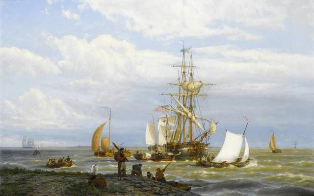 出行的帆船风景油画