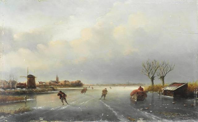 冰上滑行的人风景油画
