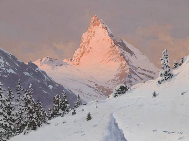 夕阳下的雪山风景油画