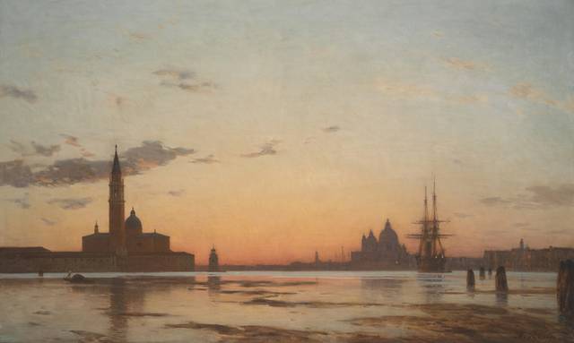 夕阳下的海边城市风景油画