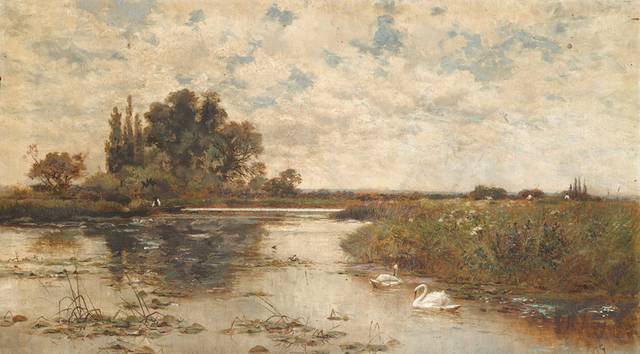 河中的天鹅风景油画