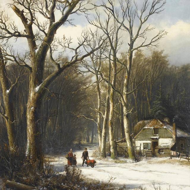 雪中的农人风景油画