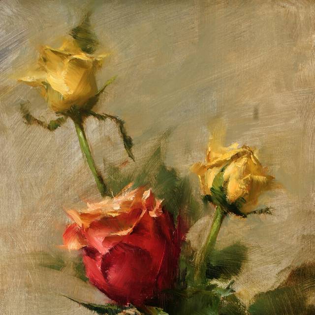 红玫瑰与黄玫瑰油画装饰画