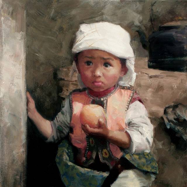 吃苹果的小孩无框画