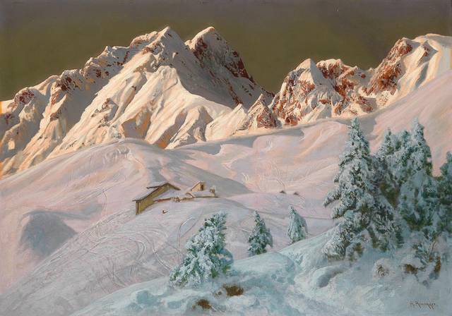 雪山上风景油画