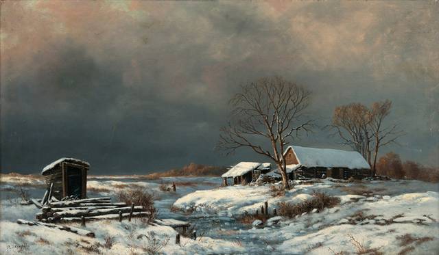 冬日下雪的村庄风景油画