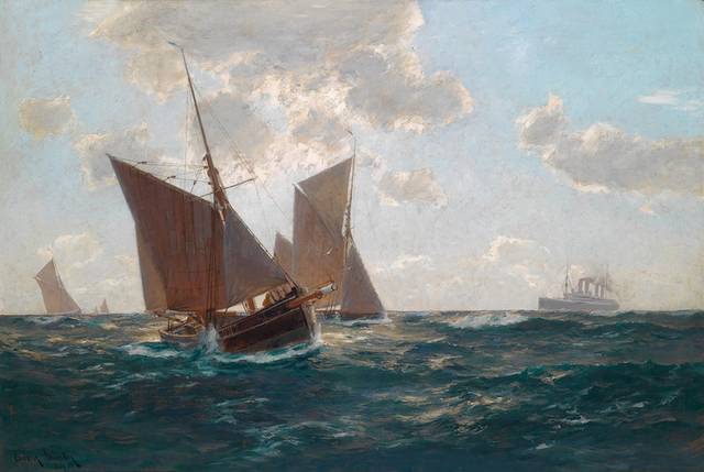 波浪上航行的船风景油画