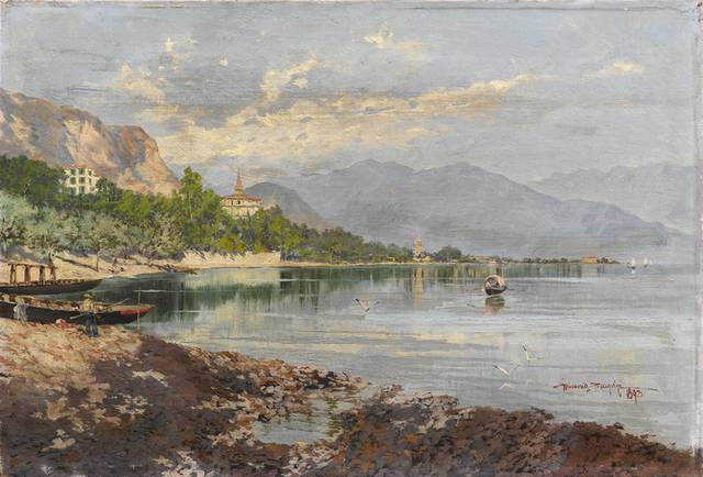 河岸风景油画