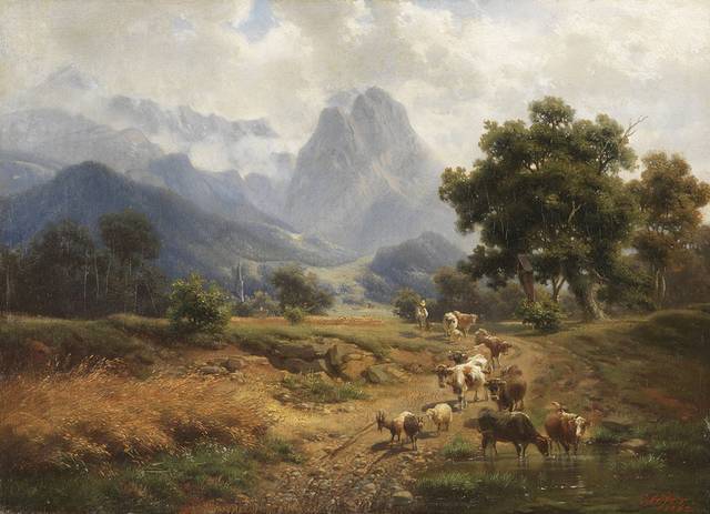 山间路上的牛羊风景油画