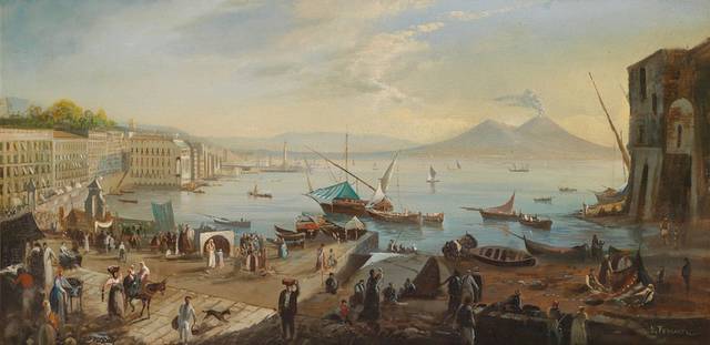 码头上的集市风景油画