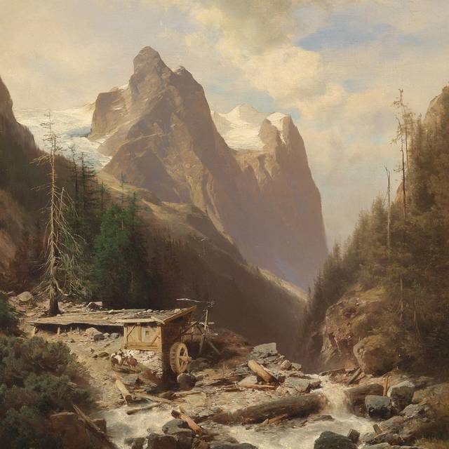 山下的溪水风景油画