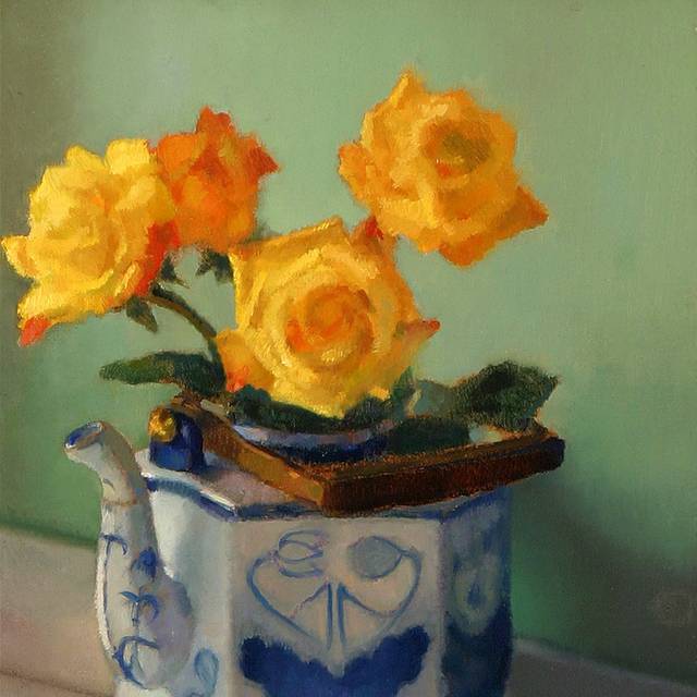 壶中黄色玫瑰油画装饰画