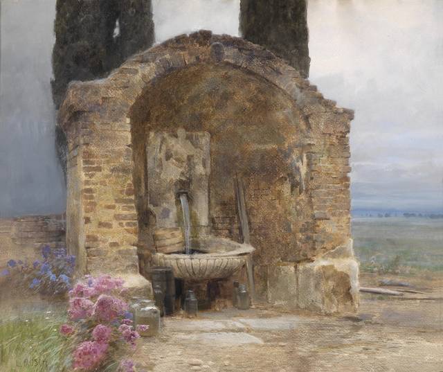 水池风景油画