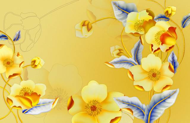 金色花朵蓝叶装饰画