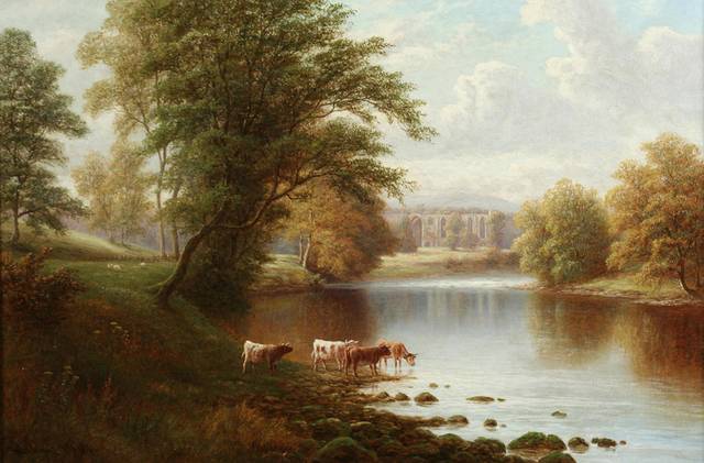 在溪边喝水的牛风景油画
