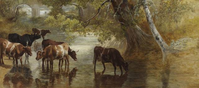 树下饮水的牛风景油画