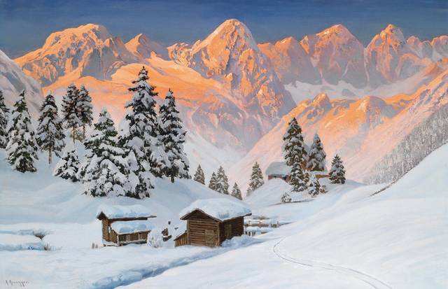 夕阳下的雪景风景油画