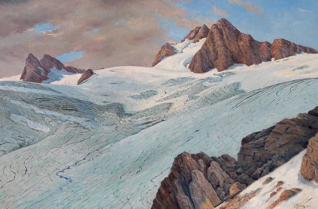 积雪的山上风景油画
