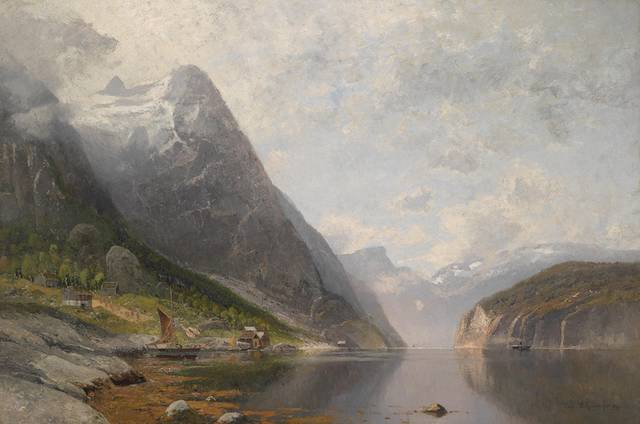 山间的河流风景油画