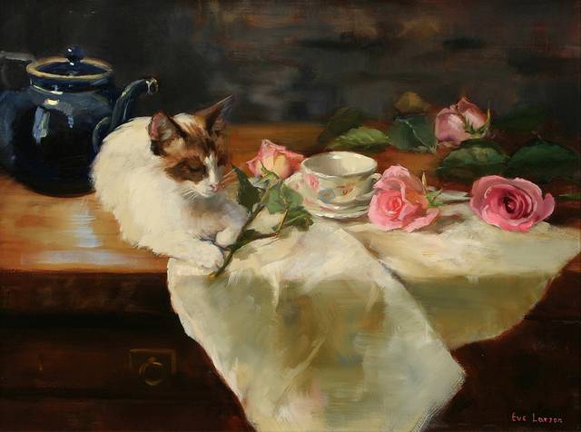 玫瑰与猫咪油画装饰画