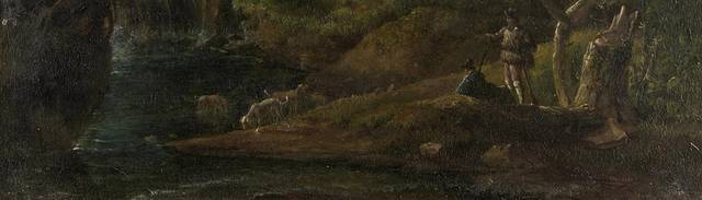傍晚的溪流风景油画