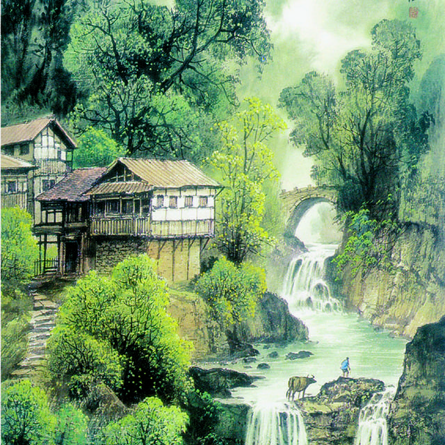 水墨山涧村庄装饰画1