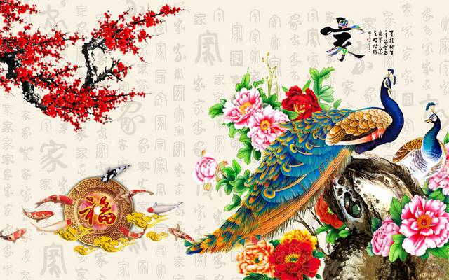 鲜花精美孔雀装饰画