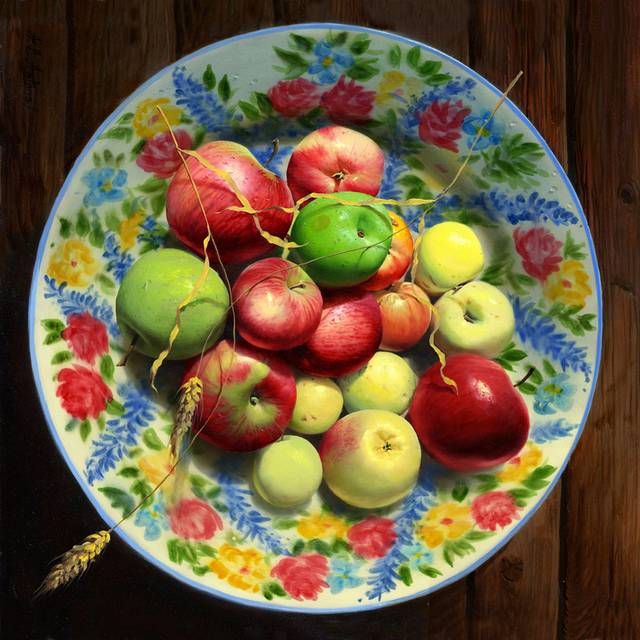 盘中苹果桃子装饰油画