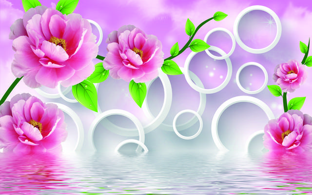 水面粉色鲜花装饰画