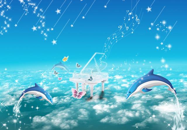 卡通海豚钢琴装饰画