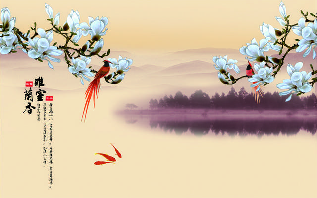 红鸟白花装饰画