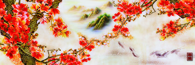 手绘红花山水装饰画