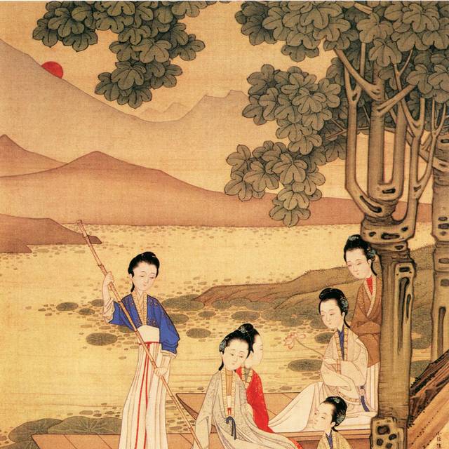 美女划船仕女图玄关画