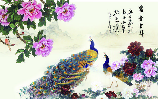 国画孔雀鲜花装饰画