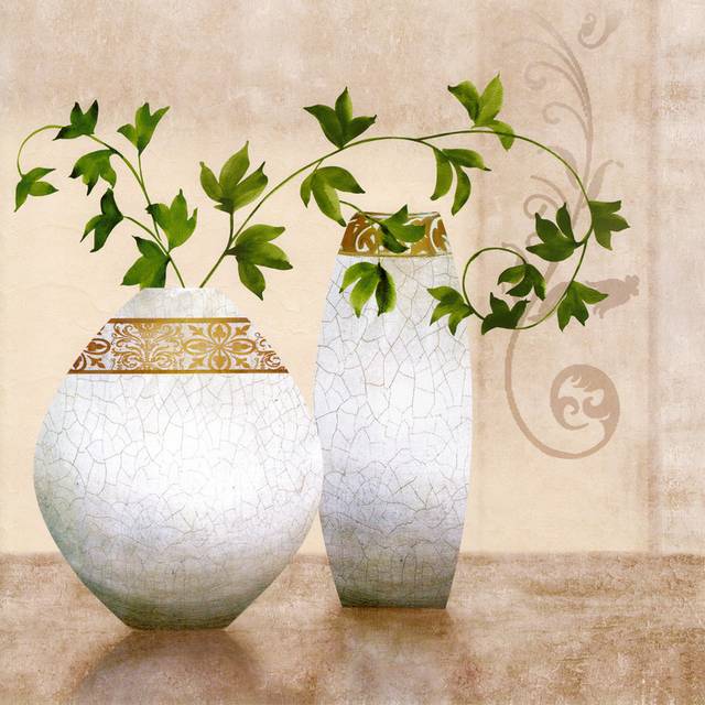 手绘白色花瓶绿植装饰画