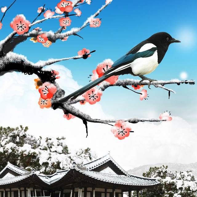 雪中寺院梅花小鸟装饰画