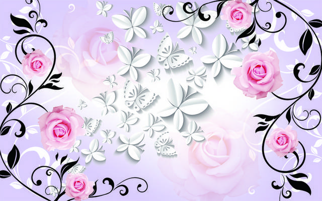 白色蝴蝶粉色鲜花装饰画