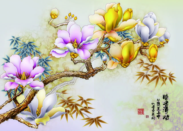 黄紫色精美花朵装饰画