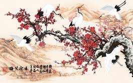 苗墨　水墨画 梅花 玉骨仙姿 青色背景 青花团龙团凤云鹤纹盘明嘉靖Blue-and-white Plate with Draogn