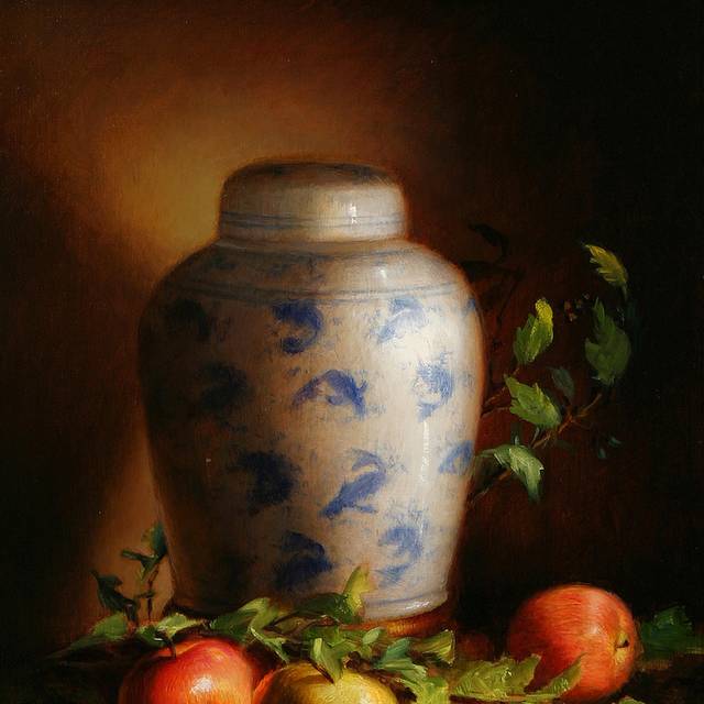 苹果与瓷罐装饰油画
