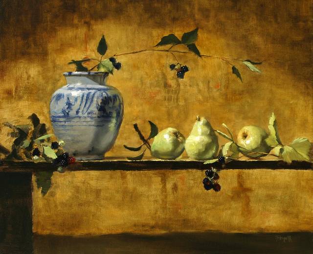 陶瓷罐子与梨油画装饰画